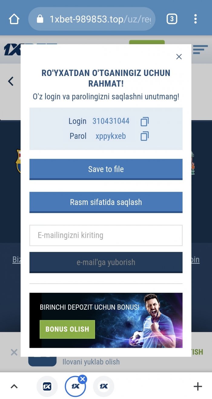 1x ro'yxatdan o'tish