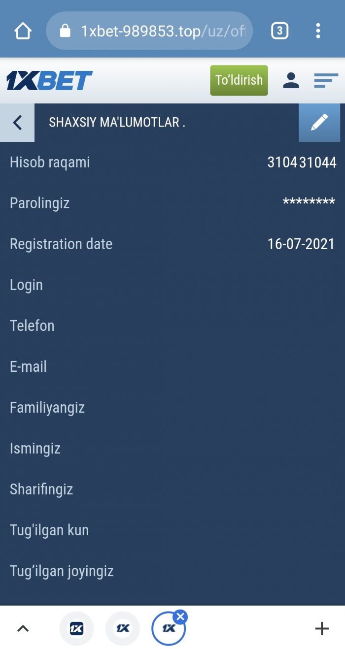 1x bet profilni to'ldirish