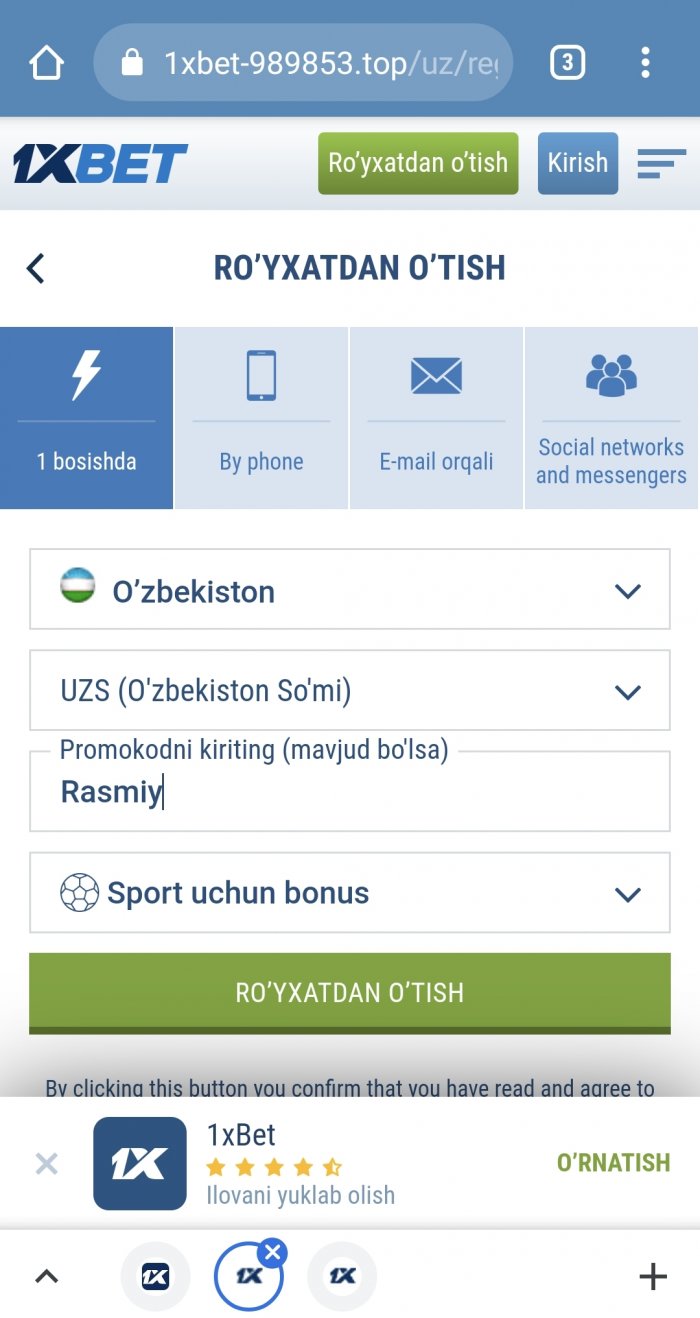 1xbetda promokod olish
