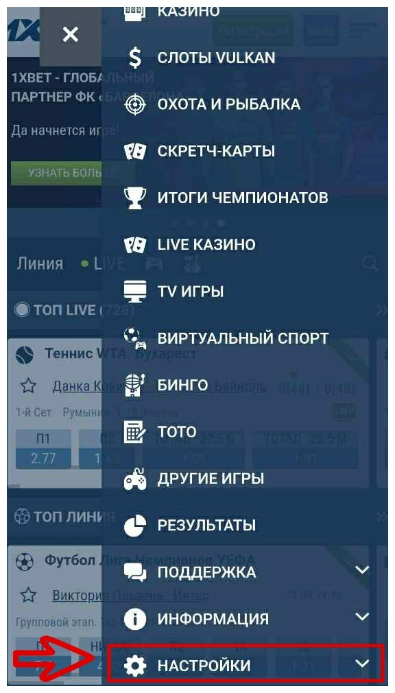 1 xbet menyusida sozlamalar bo'limi 1xbet sayti nastroykasiga kirish