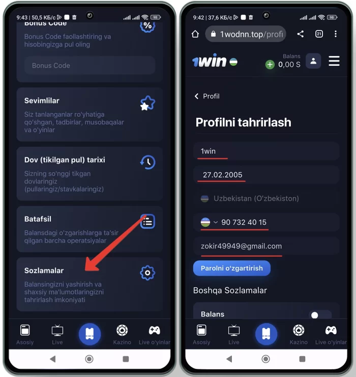 1win shaxsiy kabinet to'ldirish