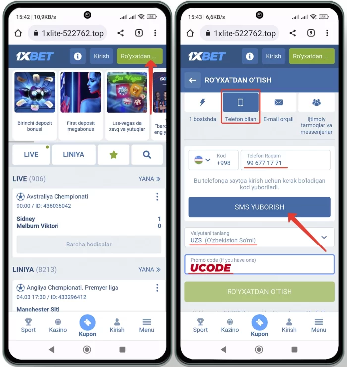 1xbet telefon orqali registratsiya qilish va akkaunt ochish