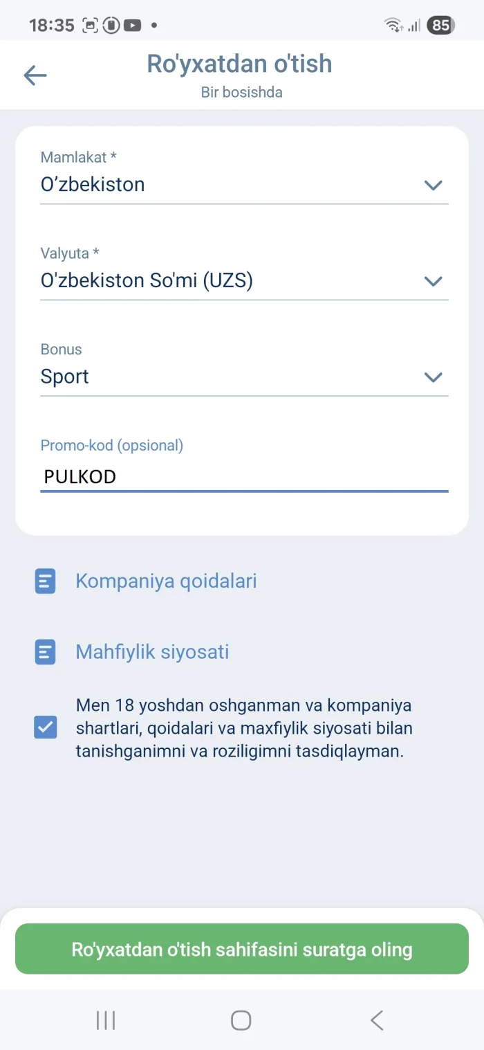 1x bitta klik bilan akkaunt ochish